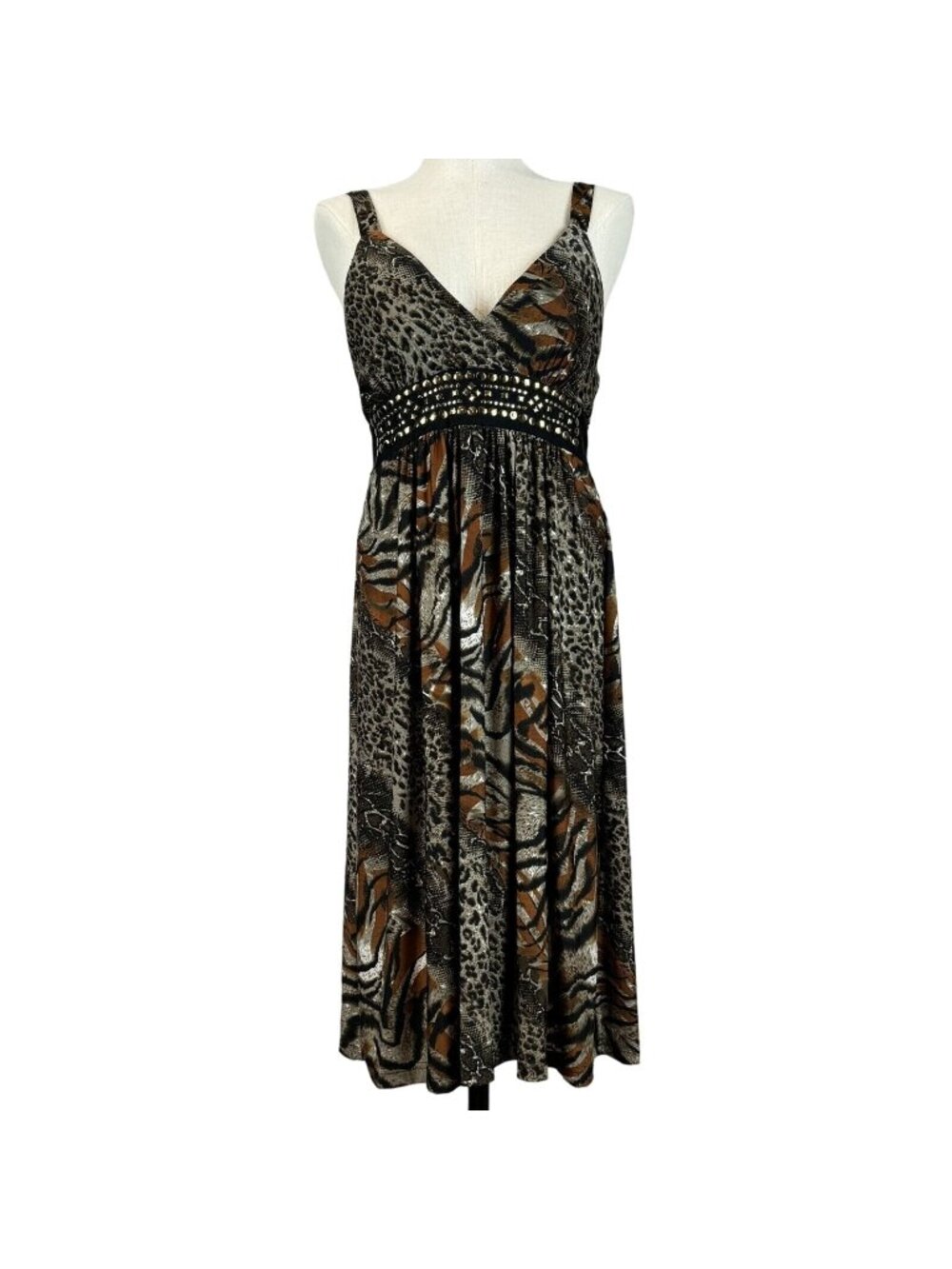 Studio West Animal Print Midi Dress Womens Sz L Studded Waist Adjustable Straps
